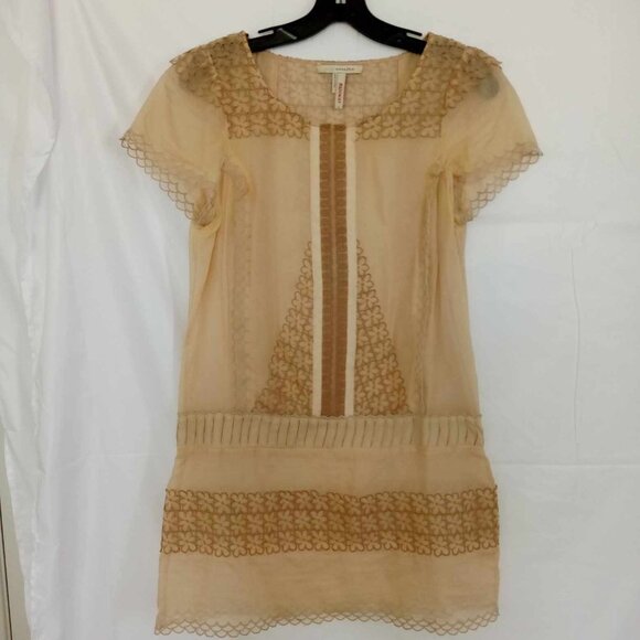BCBG Maxazria Runway Tan Beige Lace Semi Sheer Drop Waist Mini Dress Size Small - Picture 2 of 14